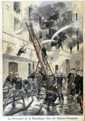 Treffen des Präsidenten der Republik Felix Faure mit den Feuerwehrleuten während eines Einsatzes gegen ein Feuer. Illustration des „kleinen Journals“ von 1898