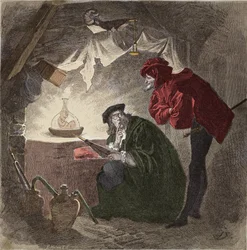 Mephistopheles (Mephisto) eine Faust-Illustration aus „Faust“ von Johann Wolfgang von Goethe (1749-1832) (Illustration für „Faust“ von Goethe) Gravur