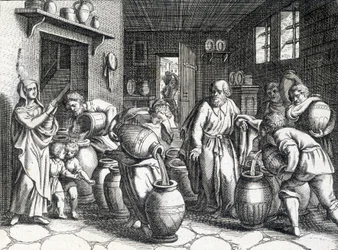 Wunder von Elisee, biblischer Prophet und Jünger von Elia, der mit seinem Mantel seinen Geist und seine Kräfte auf ihn überträgt. Gravur von 1724
