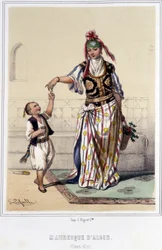 Maurische Frau begleitet von einem Kind zu Hause in Algier in der zweiten Hälfte des 19. Jahrhunderts.