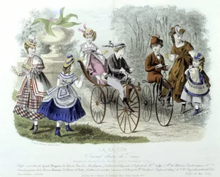 Mütter, Kinder und Fahrräder im Kindergarten (Kinderkleidung) - in „Le journal illustré des dames“