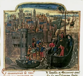 NAVIGATION: Beladung eines Handelsschiffs, Ende des 15. Jahrhunderts (Miniatur)