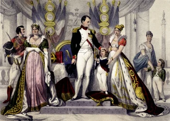 Napoleonische Dynastie von 1804 bis 1815. Josephine, Napoleon I., König von Rom, Marie Louise. Gravur des 19. Jahrhunderts