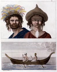 Einheimische von Osterinsel (Rapa Nui) in Polynesien, Mitglieder des Langohren-Clans. Unten eines ihrer Boote. - in „Das alte und moderne Kostüm“ von Jules Ferrario