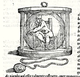 Nicoli Fontanas zweiter Anzug genannt Tartaglia. Er sieht eine Kristallkugel vor, in der sich der Taucher einschließt. Gravur 16. Jahrhundert