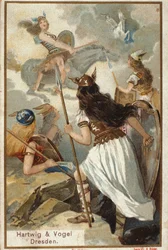 Nordische Mythologie: Die Walküren (jungfräuliche Kriegerinnen) in Valhöll (oder Walhalla, Valhalla, Valhalle: Ort, an den tapfere Krieger gebracht werden) und der Fall von Kriegern in der Schlacht. Chromolithografie aus dem 19. Jahrhundert