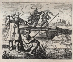 Alte Sprichwörter: Die Gelegenheit ist hinten kahl - Kupferstich 18. Jahrhundert