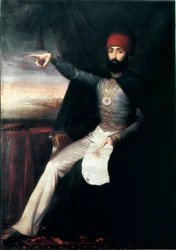 Osmanisches Reich: Porträt des Sultans Mahmud II. (1784-1839). Er ist mit ausgestrecktem Finger dargestellt, möglicherweise um den Befehl zur Niedermetzelung des Janitscharenordens zu erteilen. Anonym. 1808-1839, Istanbul, Topkapı-Sarayı-Museum, Türkei