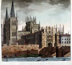 Außenansicht der gotischen Kathedrale Santa Maria in Burgos, Spanien. Lithografie des 19. Jahrhunderts