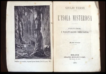 Seite einer italienischen Ausgabe von „Die geheimnisvolle Insel“ von Jules Verne. 1878. Mailand