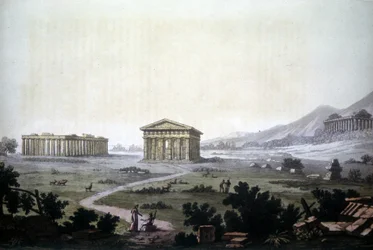 Gemälde, das die Tempel von Paestum, dem heutigen Capaccio, darstellt