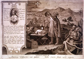 Porträt von Amerigo Vespucci (1454 - 1512), italienischer Navigator, dargestellt bei der Benutzung eines Astrolabiums. In einem Kasten links ist ein Porträt von Dante Alighieri sowie ein Auszug aus dem ersten Gesang des Purgatoriums der Göttlichen Komödie.