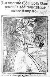 Porträt von Dante Alighieri (1265 - 1321), italienischer Dichter. Frontispiz von „Il Convivio“.