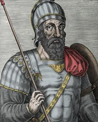 Porträt Gottfrieds von Bouillon (Godefroy de Bouillon) (1040/61-1100), fränkischer Ritter und einer der Anführer des Ersten Kreuzzugs - Stich aus dem 16. Jahrhundert