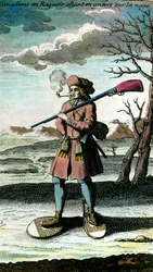 Porträt eines Kanadiers in Schneeschuhen im Schnee auf dem Weg zum Krieg (18. Jahrhundert)