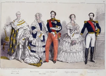 Porträt der Bourbonen. Von links nach rechts: Charles X (1757-1836), Marie Amelie (1782-1866), Louis Philippe I (1773-1850), Eugenie de Guzman (1826-1920) und Napoleon III (1808-1873)