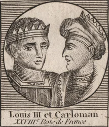 Porträts von Ludwig III. (863/65-882), König der Franken zwischen 879 und 882, und Karlmann II. (866-884), König der Franken von 879 bis 884 - Gravur aus 