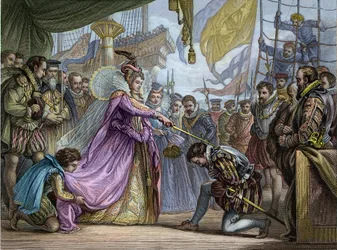 Königin Elisabeth I. (1530-1603) schlägt Francis Drake (1540-96) zum Ritter - Weichzeichnung von Francis Drake (1540-1596)