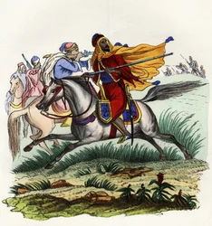 Rote Reiter von Emir Abd-el-Kader fliehen vor den Jägern der französischen Armee Afrikas in Oran im Jahr 1841. In „Storia d