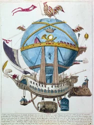 Darstellung einer Reise in einem Ballon, satirische Gravur des 18. Jahrhunderts