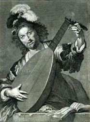 Darstellung eines Lautenspielers, der sein Instrument stimmt.