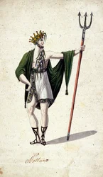 Darstellung des römischen Gottes Neptun mit einem Dreizack (identifiziert mit dem griechischen Poseidon). Aquarell des 18. Jahrhunderts