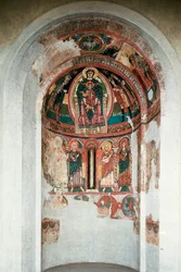 Darstellung der von den Heiligen Drei Königen umgebenen Madonna mit Kind. Fresko aus der zentralen Apsis der Kirche Santa Maria in Taüll. Um 1123. Barcelona. Nationales Kunstmuseum von Katalonien