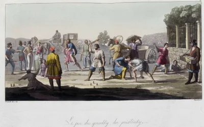 Russische Spiele von Gorodky und Pristinsky und andere Ablenkungen, Russland. In „Das alte und moderne Kostüm“ 1819-1820 von Ferrario.