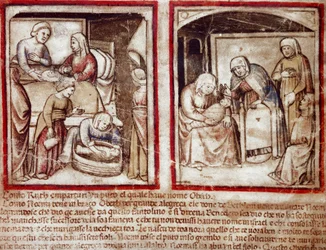 Ruth gebiert Obed, den Sohn von Boaz (Miniatur aus Codex 212)