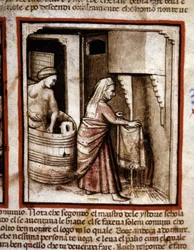 Ruth macht ihre Toilette mit Hilfe ihrer Schwiegermutter Noemi, bevor sie im Bett ihres Mannes Boaz schläft. Buch Ruth (1390-1400)