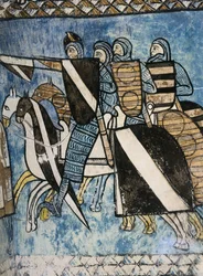 SPANIEN. KASTILIEN UND LEÓN. Valladolid. Kloster San Bernardo de Valbuena. Kastilische Armee, Gruppe christlicher Soldaten auf Pferden. 14. Jh. Fresko über die „Reconquista“. Gotische Kunst