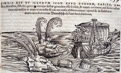 Matrosen werfen Fässer ins Meer, um Monster abzulenken. Gravur in „Historia Animalium“ von Conrad Gesner (1516-1565), Tiguri