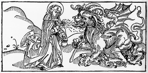 Heilige Martha und die Tarasque - Gravur aus „Leben der Heiligen - Sommerteil“ (Das Buch der Heiligen) von Jacobus (James) von Voragine (1228-1298). Lübeck 1488.