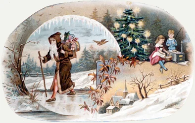Der Weihnachtsmann bringt den Kindern Geschenke. Chromolithographie aus dem späten 19. Jahrhundert.