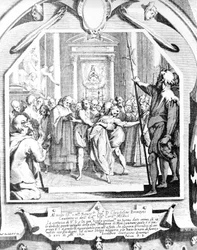 Szene eines Exorzismus einer besessenen Frau mit der Madonna von Monsummano im Jahr 1630.