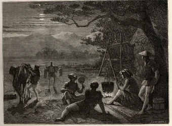 Ruhepause auf dem Land, im Mondlicht, Matten werden nach dem Arbeitstag auf dem Boden aufgestellt. Gravur zur Illustration der Reise nach Japan in den Jahren 1863-1864 von Aimé Humbert, Minister der Schweizerischen Eidgenossenschaft, in „Le tour du monde, 