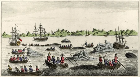 Szene des Walfangs in Grönland im 18. Jahrhundert, anonymer Volksdruck der Zeit