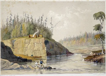 Siedler in Kanada beim Angeln in einem Fluss - in „Sketches on the nipisaguit a river of New Brunswick in America“ von William Hickman, ed. Halifax