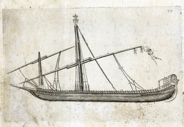 Seitenansicht einer Galeere. Gravur des 18. Jahrhunderts
