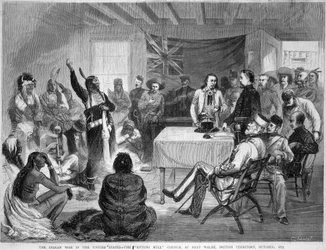 Sitting Bull und Buffalo Bill: Sitting Bull Rat am Fort Walsh, britisches Territorium, während des Krieges mit den Indianern, Oktober 1877