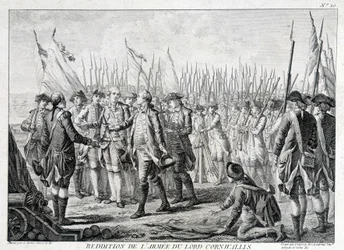 Kapitulation der britischen Armee von Lord Cornwallis (1738 - 1805) an Amerika am 19. Oktober 1781.