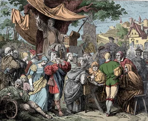 Tetzel verkauft Ablassbriefe - Johann Tetzel (1465-1519), ein deutscher Dominikaner, verkauft um 1515 Ablassbriefe für den Bau des Petersdoms in Rom