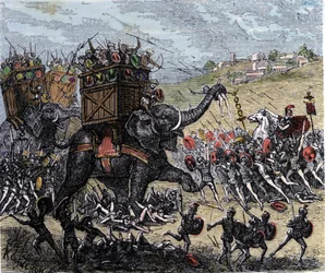 Die Schlacht von Zama (Afrika, Zweiter Punischer Krieg, 202 v. Chr.), in der Scipio Africanus die Truppen Hannibal Barkas besiegte.