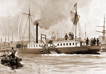 Die Clermont, ein Boot, das 1807 von Robert Fulton (1765 - 1815) gebaut wurde, um die Verbindung New York - Albany auf dem Hudson River bereitzustellen. Gravur 19. Jahrhundert