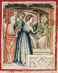 Der Tod von Rachel in Schichten. Miniatur aus Codex 212 (oder Padovano Codice oder Bibel von Padua) 1390-1400