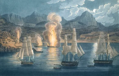 Die Engländer zerstören französische Schiffe in der Bucht von Sagone, Korsika am 30. April 1811