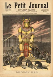 Die französischen Abgeordneten, vor den Stufen der Nationalversammlung, kniend, um das goldene Kalb anzubeten, Symbol für Götzendienst und Materialismus, die Illustration zeugt von der Täuschung der Sparer, die erfuhren, dass ihr Geld nur verwendet wurde, 
