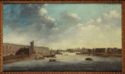 Die Grande Galerie des Louvre, mit der Porte Neuve, Pont-Neuf, Citè, Tour de Nesle und Quai Malaquais