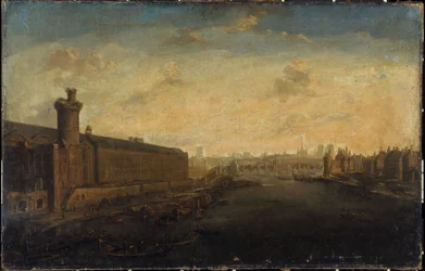 Die Grande Galerie du Louvre, mit der Porte Neuve, Pont-Neuf, Cité, Tour de Nesle und Quai Malaquais, ca. 1640, heutiges 1. und 6. Arrondissement, zwischen 1635 und 1645