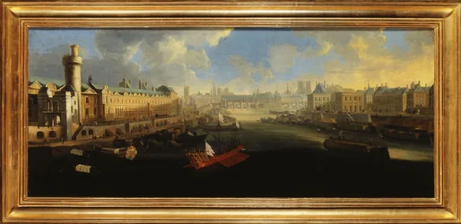 Die Grande Galerie des Louvre, mit der Porte Neuve, der Pont-Neuf, der Cité, dem Collège des Quatres-Nations im Bau und dem Quai Malaquais, um 1665, zwischen 1665 und 1670